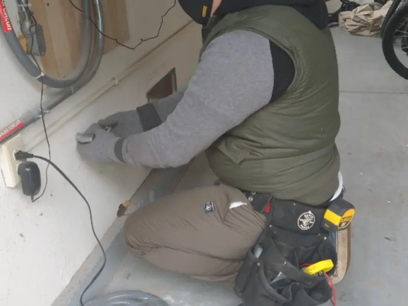 Electrician performing outlet wiring in a Monmouth Beach garage